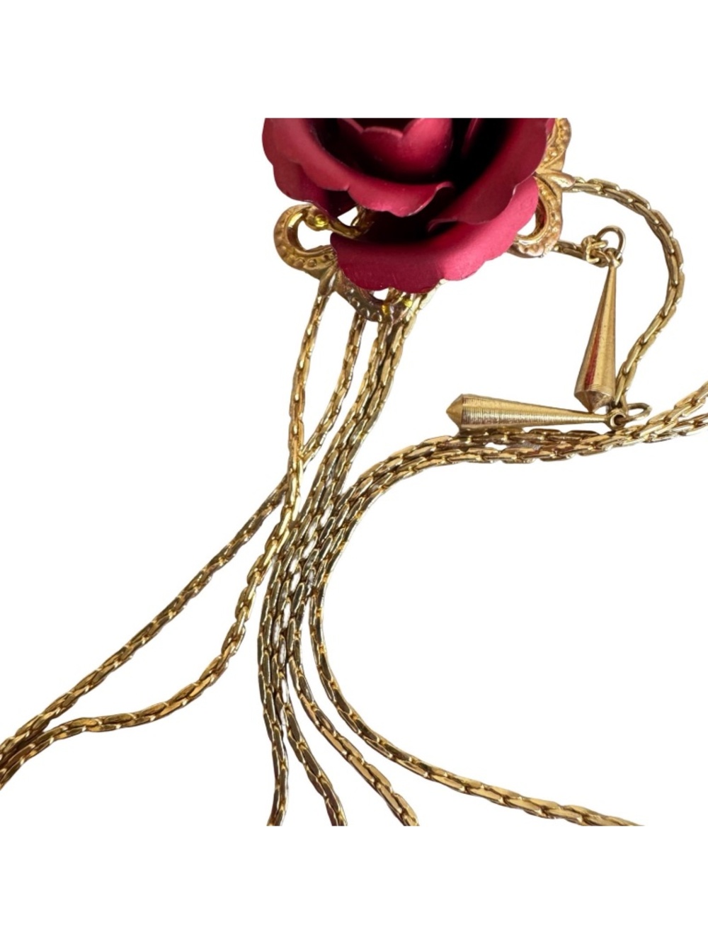 Vintage Red Rose Bolo Tie Lariat Necklace Gold Tone Chain Floral Pendant Jewelry - Picture 12 of 16